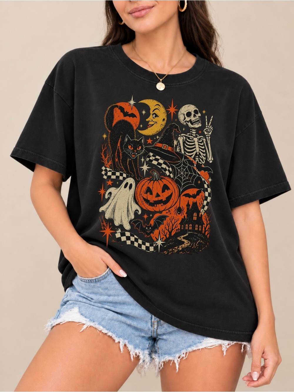 Black Cat Ghost Skeleton Unisex T-shirt Pumpkin Halloween Tee